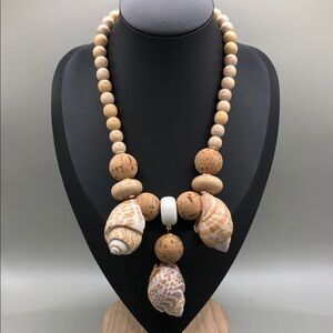 Vintage artisan wooden bead and real sea shells statement style beach necklace.